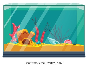 Aquarium with colorful algae, shells and sand. Underwater life with decorative accessories in flat style. Beautiful glass aquarium of home interior. Vector cartoon illustration