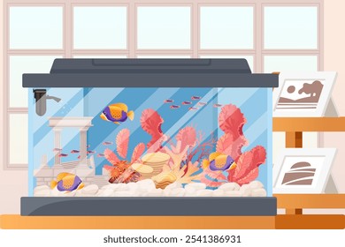 Aquário com coral colorido, peixes e plantas subaquáticas por uma janela com obras de arte, representando um cenário caseiro sereno. Perfeito para o relaxamento, decoração, e imagens de cuidados com animais. Ilustração vetorial.