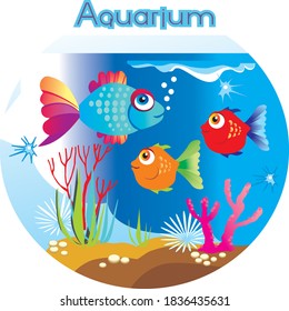 Aquarium with colorful fish, algae and corals. Vector image.