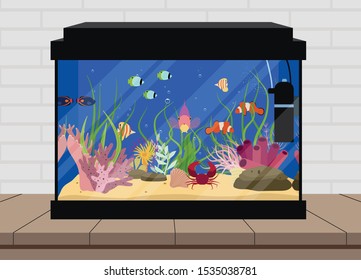 Aquarium with colorful fish crab and water plants flat vector illustration