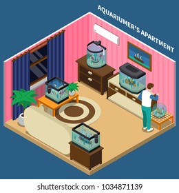 Aquarium composition with aquariumists apartment symbols on blue background isometric vector illustration