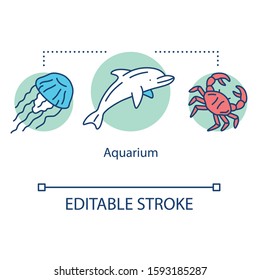 Aquarium concept icon. Tropical underwater animals. Marine life display. Water zoo. Nautical wildlife exposition idea thin line illustration. Vector isolated outline drawing. Editable stroke