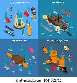 Aquarium concept icons set with fish symbols isometric isolated vector illustration