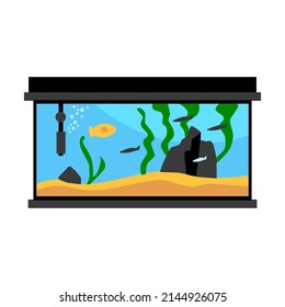 Aquarium. Cozy beautiful fish tank, with stones and algae. Icon, clipart for website about fish, pet shop, selling fish food. Vector flat illustration, cartoon style.