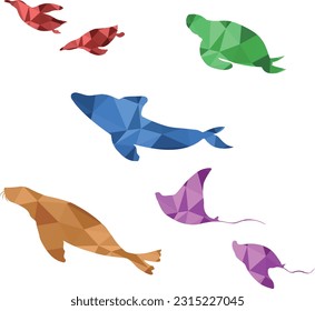 Aquarium creatures drawn with polygon mosaics of various colors