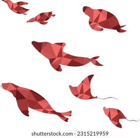 Aquarium creatures drawn with red polygonal mosaics