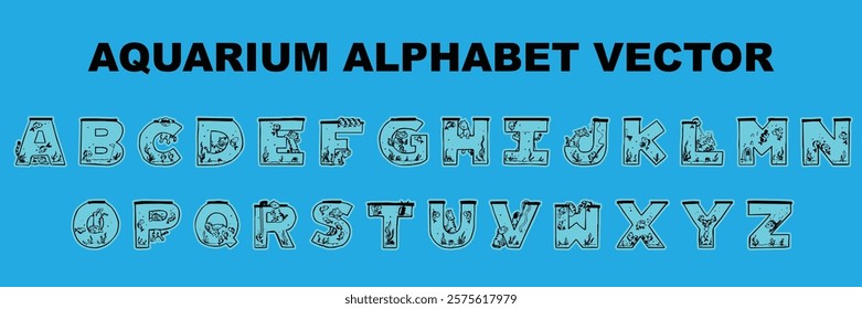 Aquarium Custom style lettering font alphabet and numbers set. Vector stock illustration can be used in logo or any purpose. Colors can be easily editable and saved in EPS 10