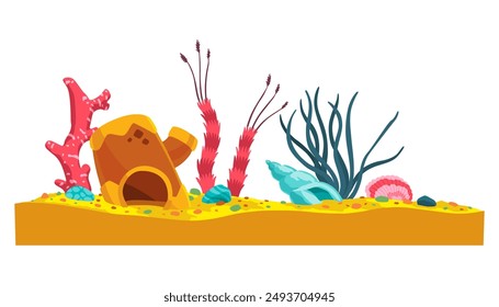 Aquarium decoration, different colorful algae, shells and sand. Underwater life scene. Beautiful vector glass aquarium accessories set in flat style on white