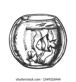 Aquarium With Decorative Fish Monochrome Vector. Home Aquarium Or Fishbowl With Seaweed. Animal Pet Shop Engraving Template Hand Drawn In Vintage Style Black And White Illustration