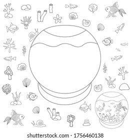 Aquarium. Designer. They put their Pets in the house. Vector set. Outline on an isolated white background. Educational game for a child. Sample. Sketch. Puzzle. Coloring book. An idea for web design.