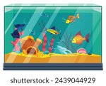 Aquarium with different colorful fish and algae. Underwater life with shells, sand, bubbles and decorative accessories in flat style. Beautiful vector glass aquarium as decoration of home interior