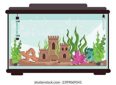 Aquarium element. Fish tank with seaweeds and castle. Empty fishbowl. Glass square container. Undersea plants. Sea algae and sand. Underwater animals home. Vector