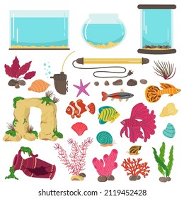 Aquarium elements. Interior decor, glass water containers for color little fishes, home hobby elements, underwater decoration stones and colorful seaweeds, vector isolated set