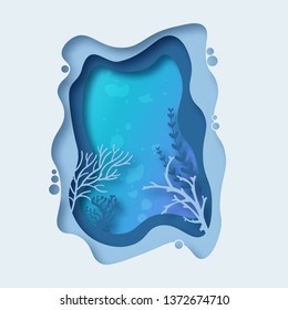 Aquarium environment abstract paper cut vector origami design. 3d paper art underwater life