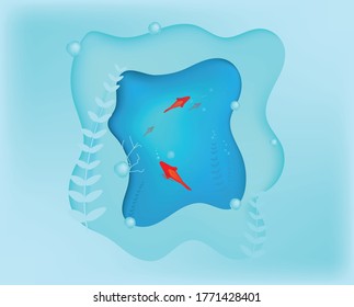 Aquarium environment abstract paper cut vector origami design. 3d paper art underwater life