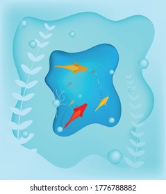 Aquarium environment abstract paper cut vector origami design. 3d paper art underwater life