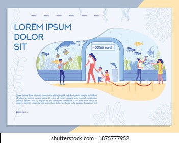 Aquarium Excursion for Adult and Kid Presentation. Oceanarium Landing Page Design. Entrance Gate with Invitation Lettering Ocean World. Sea Fish Variety behind Glass Wall. Vector Illustration