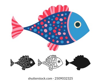 Aquarium fantasy fish linear icon, abstract cartoon symbol set. Exotic childish sea drawn fish with hand drawn doodle ornament. Sign ocean fishes silhouette shape or doodle art. Vector illustration