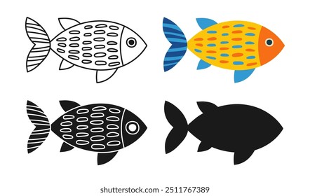 Aquarium fantasy fish linear icon, abstract cartoon symbol set. Exotic childish sea drawn fish with hand drawn doodle ornament. Sign ocean fishes silhouette shape or doodle art. Vector illustration