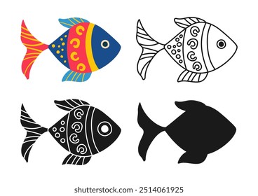 Aquarium fantasy fish linear icon, abstract cartoon symbol set. Exotic childish sea symbol fish with hand drawn doodle ornament. Sign ocean fishes silhouette shape or doodle art. Vector illustration