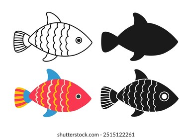 Aquarium fantasy fish linear icon, abstract cartoon symbol set. Exotic childish sea drawn fish with hand drawn doodle ornament. Sign ocean fishes silhouette shape or doodle art. Vector illustration