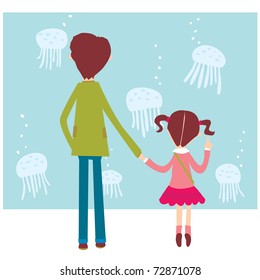 To the aquarium in father and the daughter