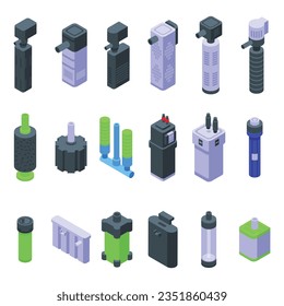 Aquarium Filter icons set isometric vector. Care fish. Tank air kit