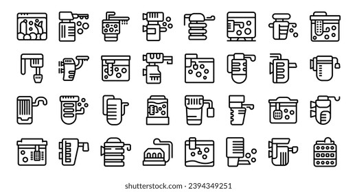 Los iconos del filtro de acuario establecen el vector de contorno. Cuidado con el pescado de agua. Kit de aire para tanques