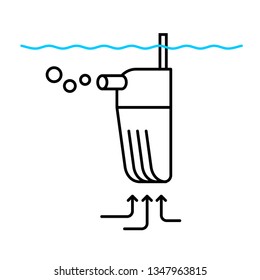 Aquarium filter with pump line icon. Water tank filtration and aeration system part. With inlet flow direction arrow lines, air bubbles and water surface with small waves. Adjustable stroke outline.