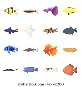 Aquarium fish 16 vector icon set in cartoon style for web design.