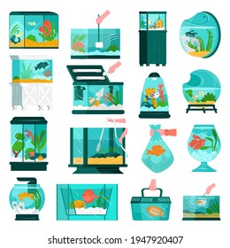 Aquarium fish and accessories, wildlife at home set, vector illustration. Flat fish swim in beautiful natural environment.