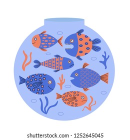 Aquarium, fish, algae, corals. Cute funny fish swim in the water. Vector illustration, flat style. White background. 