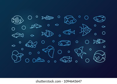 Aquarium fish blue vector horizontal banner. Aquariumistics concept illustration in outline style on dark background