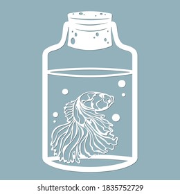 Aquarium fish and bubbles in a glass jar. Laser cut. Vector illustration. Pattern for the laser cut, serigraphy, plotter and screen printing.