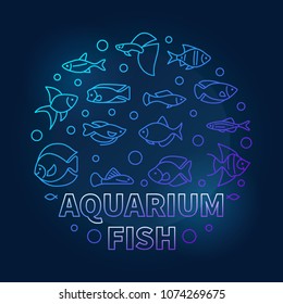 Aquarium fish in circle shape vector aquariumistics blue illustration in outline style on dark background