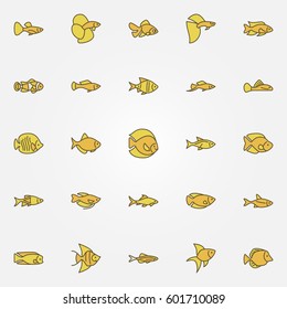 Aquarium fish colorful icons. Vector creative fish yellow symbol or design elements