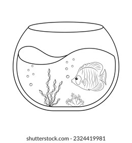Aquarium with fish coloring book. Children's contour drawing of an aquatic pet. Sketch of a round aquarium black lines.
