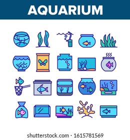 Aquarium Fish Decor Collection Icons Set Vector Thin Line. Seaweed And Coral For Decorate Aquarium, Clean Stick And Water Bubble Pump Concept Linear Pictograms. Color Contour Illustrations