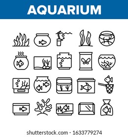 Aquarium Fish Decor Collection Icons Set Vector Thin Line. Seaweed And Coral For Decorate Aquarium, Clean Stick And Water Bubble Pump Concept Linear Pictograms. Monochrome Contour Illustrations