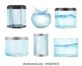 Aquarium for fish. Empty transparent realistic cases for underwater life containers different geometrical forms decent vector aquarium pictures