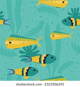 Aquarium fish exotic and tropical creatures, flora and fauna biodiversity. Seaweed and stripes on body of water dwellers. Seamless pattern, wallpaper or background print. Vector in flat style