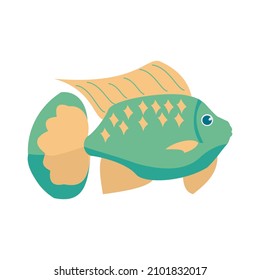 Aquarium fish green cichlasoma isolated on white background. Cute Cartoon vector illustration