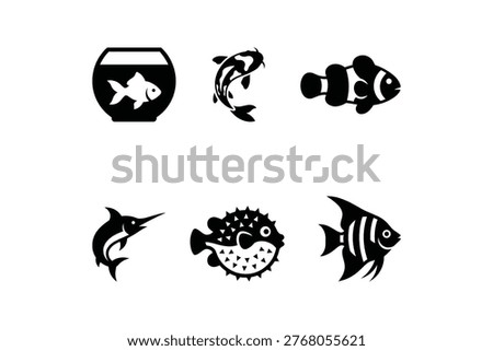 Aquarium Fish Icon Set with Goldfish Koi Clownfish and Pufferfish - Black and White Fish Silhouette Collection for Marine Design