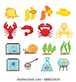 Aquarium fish icons set. Pixel art. Old school computer graphic style. Games elements.