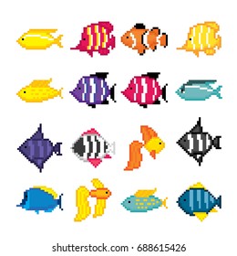 Aquarium fish icons set. Pixel art. Old school computer graphic style. Games elements.