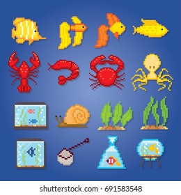 Aquarium fish icons set. Pixel art. Old school computer graphic style. Games elements.