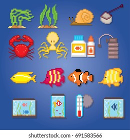 Aquarium fish icons set. Pixel art. Old school computer graphic style. Games elements.