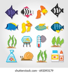 Aquarium fish icons set. Pixel art. Old school computer graphic style. Games elements.