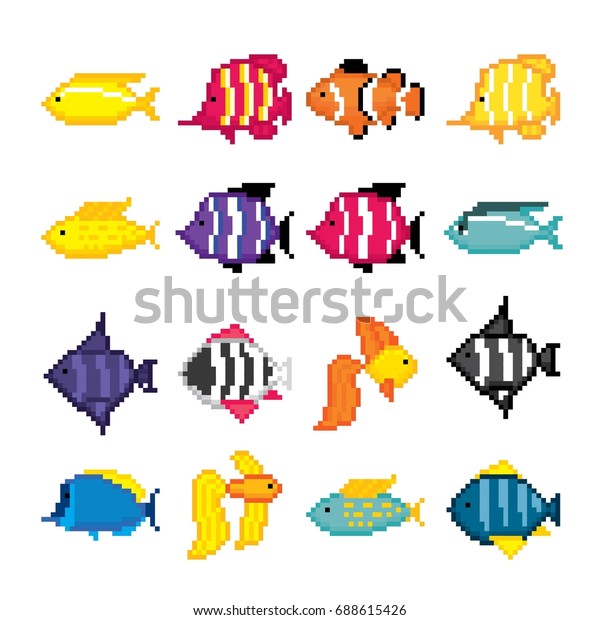 Aquarium Fish Icons Set Pixel Art Stock Vector (Royalty Free) 688615426