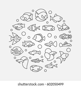 Aquarium fish illustration - vector round minimal symbol made with icons of outline freshwater and saltwater fish